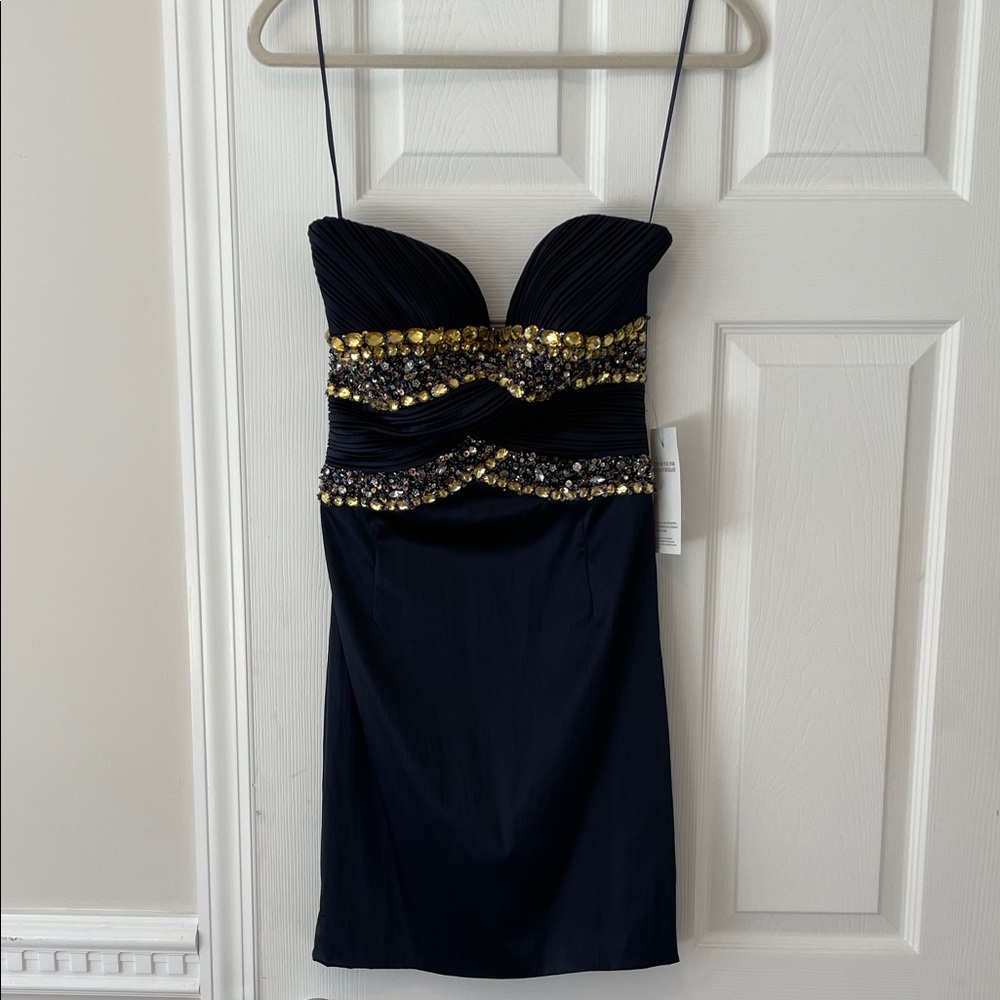 Elegant Julian Joyce Navy Blue and Gold Women's mini Dress